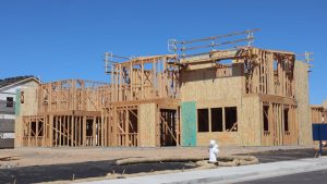 Capture of a wooden house frame under construction in Elk Grove, CA.